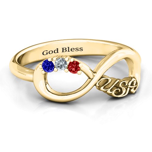 USA Infinity Ring – 10K Yellow Gold with Garnet, Cubic Zirconia, and Blue Sapphire