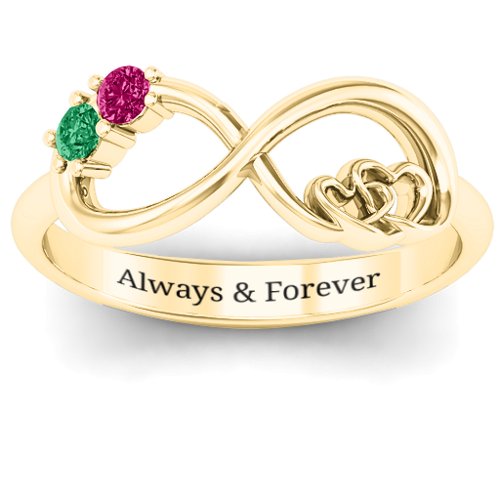 Double the Love Infinity Ring – 10K Yellow Gold with Emerald and Ruby