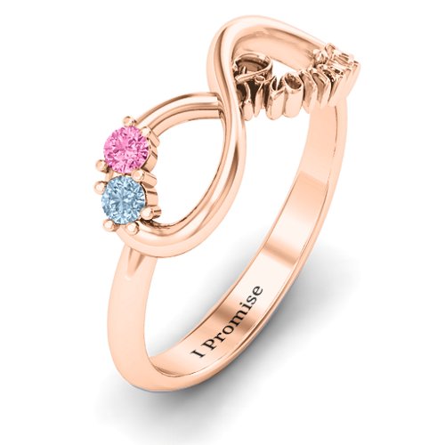 Two Stone Promise Infinity Ring – 10K Rose Gold with Aquamarine and Pink Tourmaline