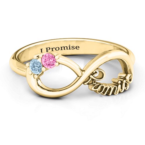 Two Stone Promise Infinity Ring – 10K Yellow Gold with Aquamarine and Pink Tourmaline