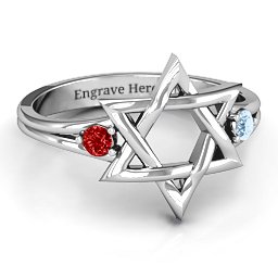 Classic Star of David Ring in 925 Sterling Silver with Garnet and Aquamarine