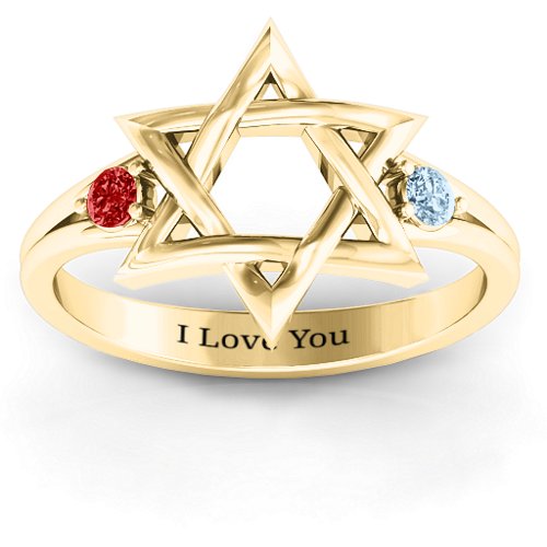 Classic Star of David Ring – 10K Yellow Gold with Garnet and Aquamarine