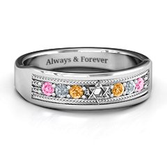 Star of David Band Ring – Sterling Silver with Pink Tourmaline, Cubic Zirconia, and Citrine