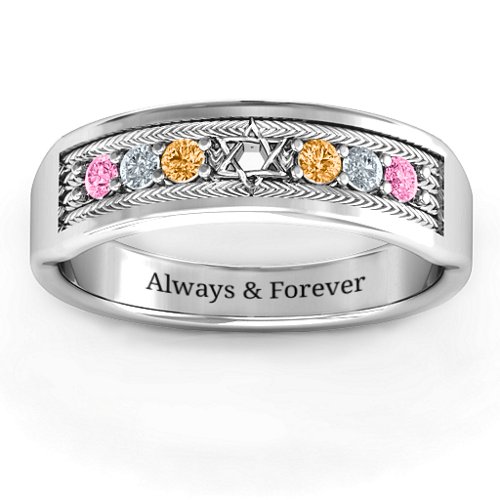 Star of David Band Ring – Sterling Silver with Pink Tourmaline, Cubic Zirconia, and Citrine