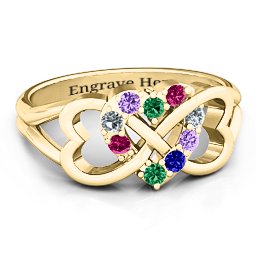 Birthstone Triple Heart Infinity Ring in 10K Solid Yellow Gold with Emerald, Ruby, Cubic Zirconia, Amethyst, and Blue Sapphire