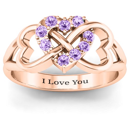 Birthstone Triple Heart Infinity Ring – 10K Rose Gold with Amethyst
