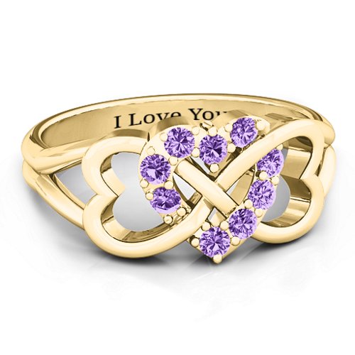 Birthstone Triple Heart Infinity Ring – 10K Yellow Gold with Amethyst