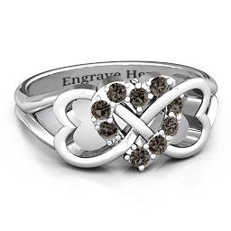 Birthstone Triple Heart Infinity Ring in 925 Sterling Silver with Smokey Quartz