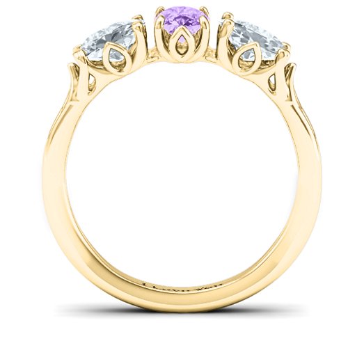 Triple Oval Stone Engagement Ring – 10K Yellow Gold with Amethyst and Cubic Zirconia
