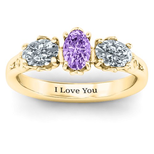 Triple Oval Stone Engagement Ring – 10K Yellow Gold with Amethyst and Cubic Zirconia