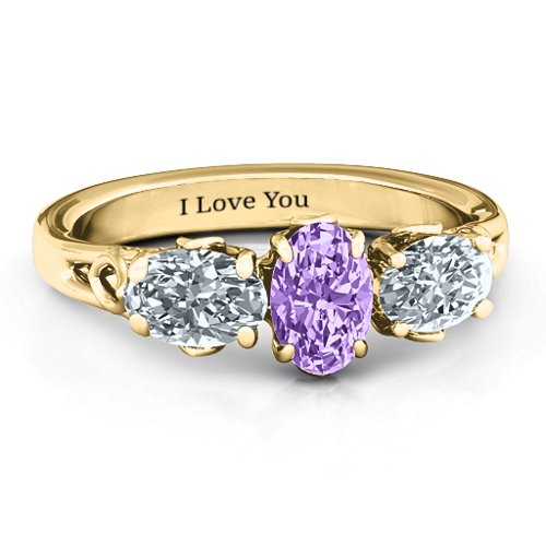 Triple Oval Stone Engagement Ring – 10K Yellow Gold with Amethyst and Cubic Zirconia