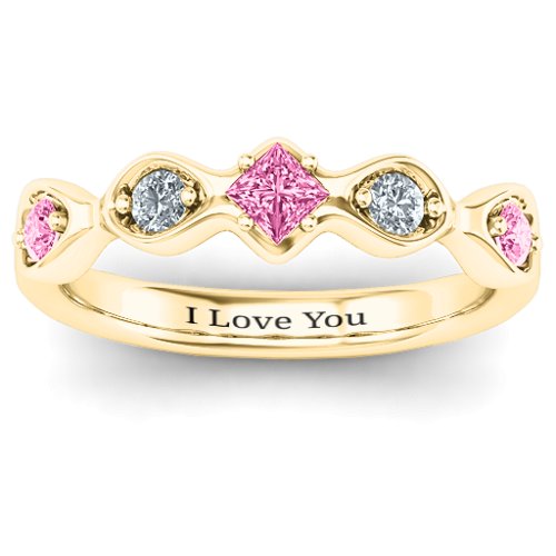 Infinite Wave with Princess Cut Center Stone Ring – 10K Yellow Gold with Pink Tourmaline and Cubic Zirconia