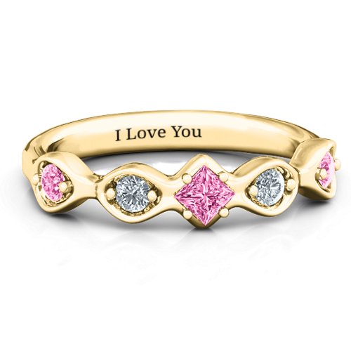Infinite Wave with Princess Cut Center Stone Ring – 10K Yellow Gold with Pink Tourmaline and Cubic Zirconia