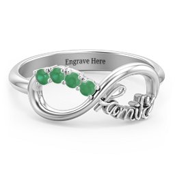 Family Infinite Love with Stones Ring in 925 Sterling Silver with Emerald, Cubic Zirconia, Aquamarine, and Pink Tourmaline