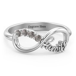 Family Infinite Love with Stones Ring in 925 Sterling Silver with Smokey Quartz, Cubic Zirconia, Aquamarine, and Pink Tourmaline