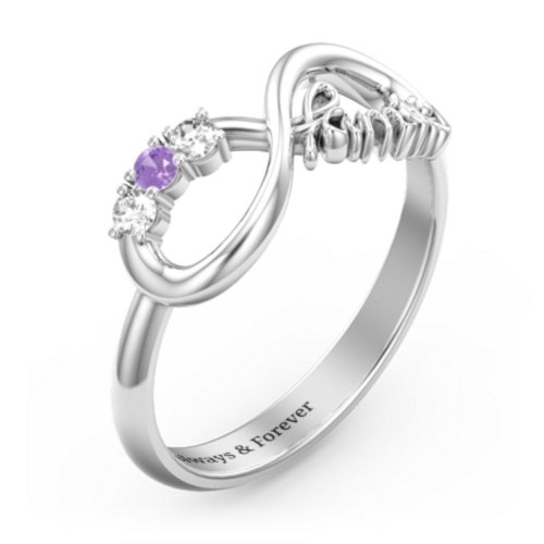 Family Infinite Love with Stones Ring – Sterling Silver with Cubic Zirconia and Amethyst