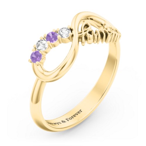 Family Infinite Love with Stones Ring – 10K Yellow Gold with Cubic Zirconia and Amethyst
