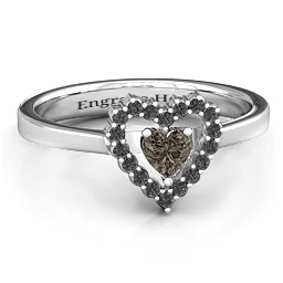 Heart in Heart Halo Ring in 925 Sterling Silver with Smokey Quartz and Black Premium Zirconia