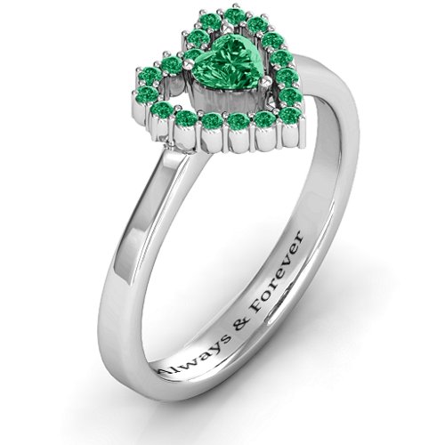 Heart in Heart Halo Ring – Sterling Silver with Emerald and Green Premium Zirconia