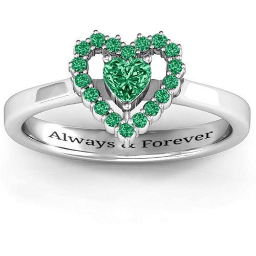 Heart in Heart Halo Ring – Sterling Silver with Emerald and Green Premium Zirconia