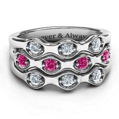 3 Tier Wave Ring – Sterling Silver with Cubic Zirconia and Ruby