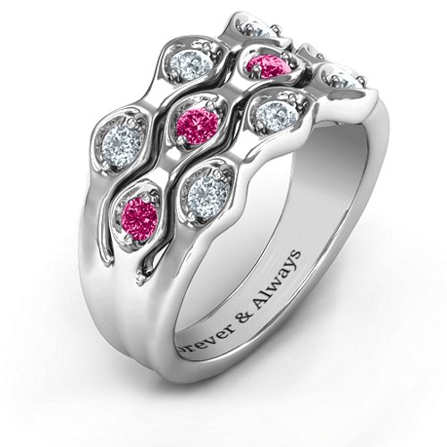 3 Tier Wave Ring – Sterling Silver with Cubic Zirconia and Ruby