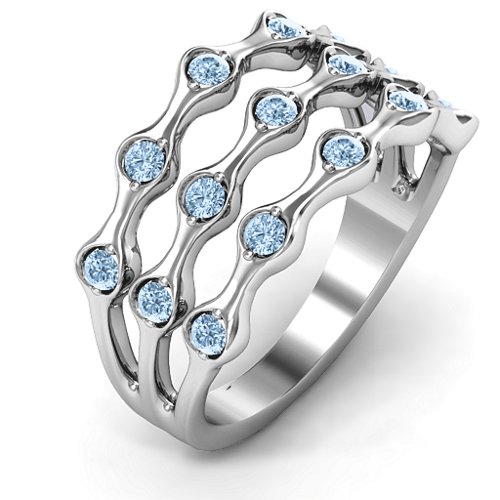 Alternating Stone Fashion Wave Ring – Sterling Silver with Aquamarine