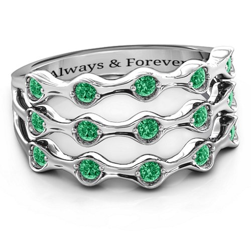 Alternating Stone Fashion Wave Ring – Sterling Silver with Emerald