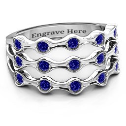 3 Row Fashion Wave Ring in 925 Sterling Silver with Blue Sapphire
