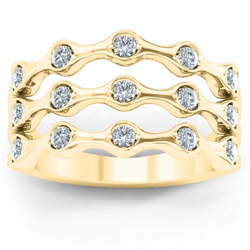 3 Row Fashion Wave Ring – 10K Yellow Gold with Cubic Zirconia
