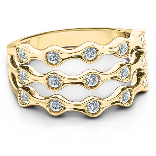 3 Row Fashion Wave Ring – 10K Yellow Gold with Cubic Zirconia