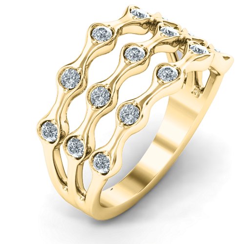 15 Stone Family Wave Ring – 10K Yellow Gold with Cubic Zirconia