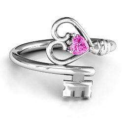 Key to Her Heart Ring in 925 Sterling Silver with Pink Tourmaline, Amethyst, and Emerald
