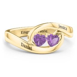 Engravable Double Heart Gemstone Wave Ring in 18K Gold Plated Silver with Amethyst