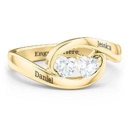 Engravable Double Heart Gemstone Wave Ring in 18K Gold Plated Silver with Aquamarine