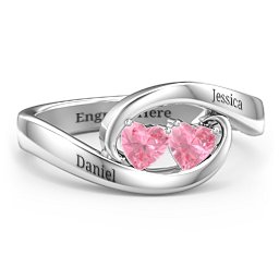 Engravable Double Heart Gemstone Wave Ring