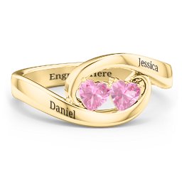 Engravable Double Heart Gemstone Wave Ring