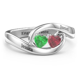 Engravable Double Heart Gemstone Wave Ring
