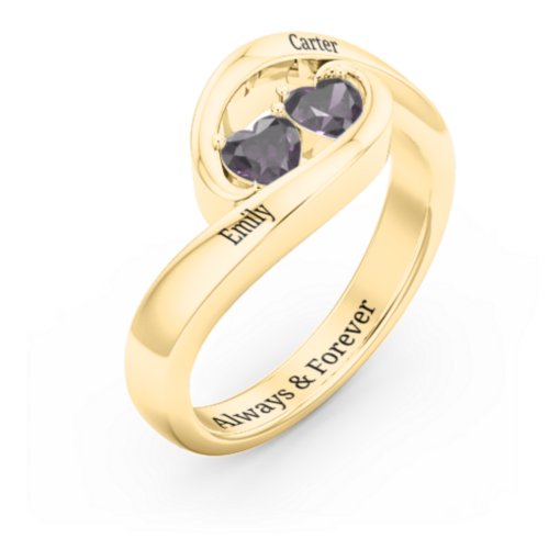 Engravable Double Heart Gemstone Wave Ring