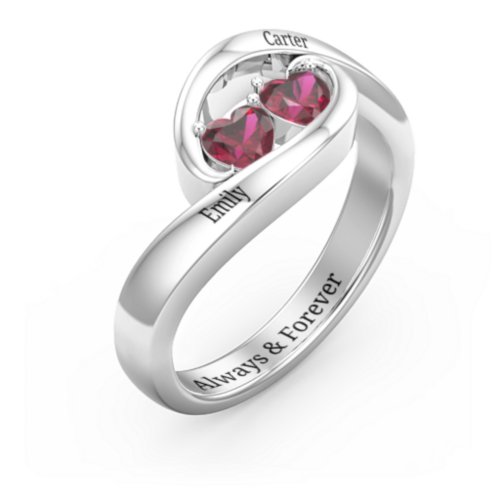 Engravable Double Heart Gemstone Wave Ring
