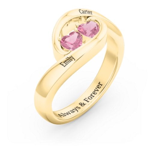 Engravable Double Heart Gemstone Wave Ring – 18K Gold Plated Silver with Pink Tourmaline