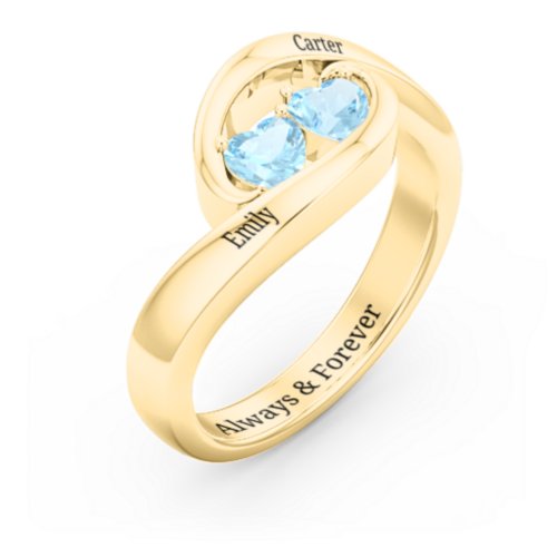 Engravable Double Heart Gemstone Wave Ring – 18K Gold Plated Silver with Blue Topaz