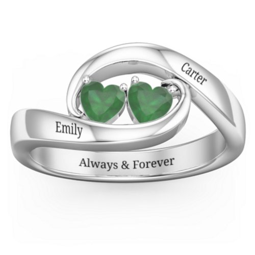 Engravable Double Heart Gemstone Wave Ring