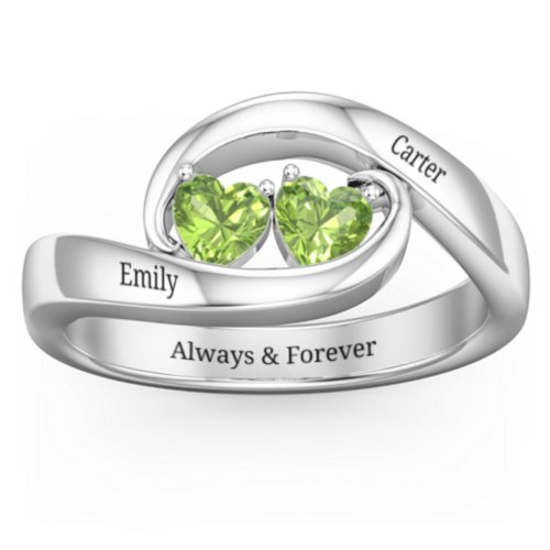 Engravable Double Heart Gemstone Wave Ring