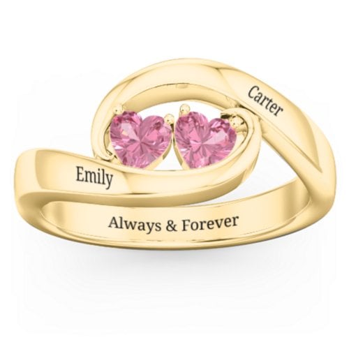 Engravable Double Heart Gemstone Wave Ring – 18K Gold Plated Silver with Pink Tourmaline