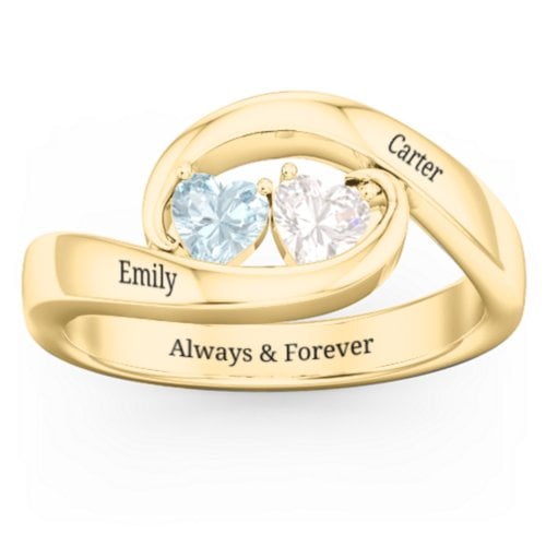 Engravable Double Heart Gemstone Wave Ring