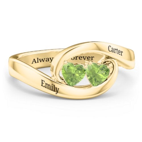 Engravable Double Heart Gemstone Wave Ring