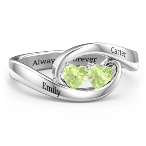 Engravable Double Heart Gemstone Wave Ring