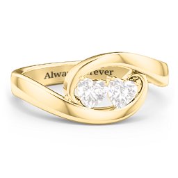 Engravable Double Heart Gemstone Wave Ring in 18K Gold Plated Silver with Diamond
