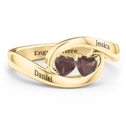 Engravable Double Heart Gemstone Wave Ring in 18K Gold Plated Silver with Garnet